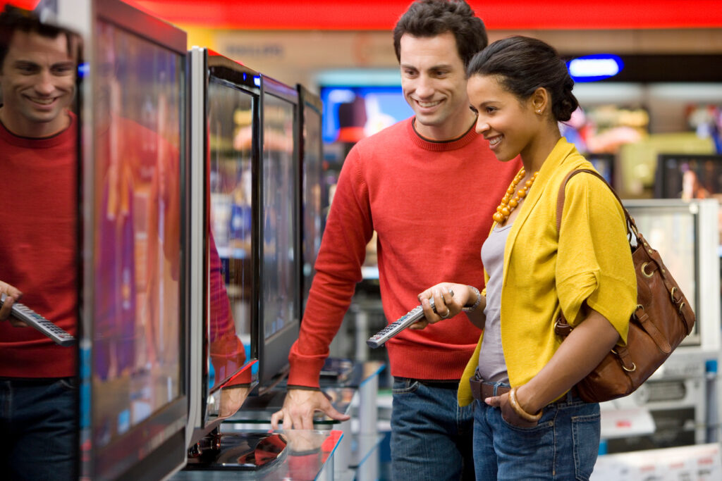 Two customers shopping in a mall